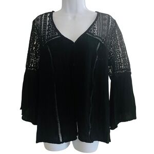 Womens Whimsigoth Witchy Crochet Lace Bell Sleeve Top M Goth Mesh Peasant Flowy